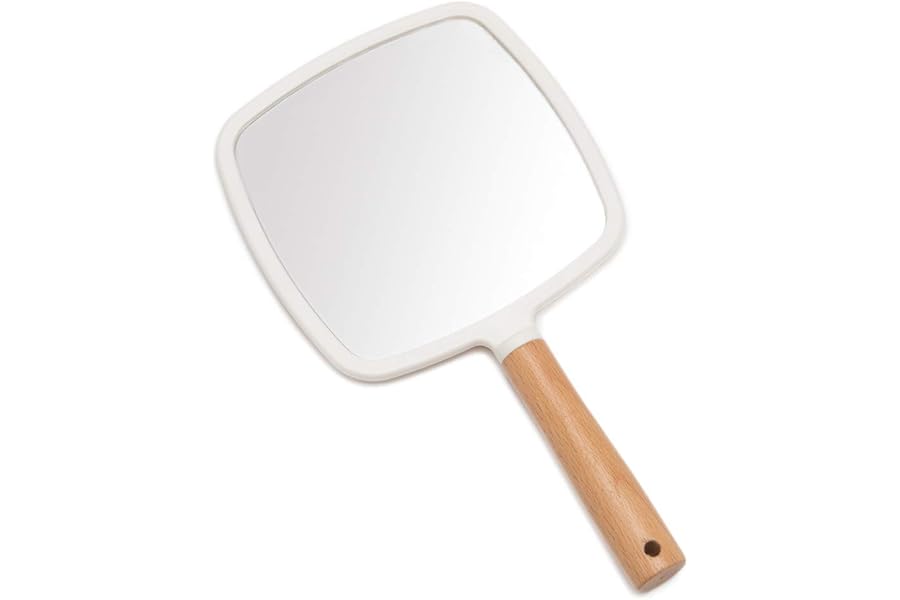 YEAKE Hand Held Mirror with Handle for Makeup,Small Cute Wood Hand Mirror for Shaving with Hole Hanging Single-Sided Portable Travel Vanity Mirror for Men&Women(Square)