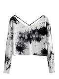 SweatyRocks Women's Tie Dye Print Crop Top T Shirt Long Sleeve Criss Cross V-Neck Tees Multicolor One Size
