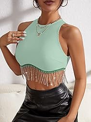 Milumia Women Rhinestone Fringe Zip Back Sleeveless