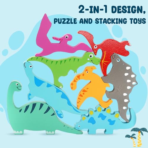 LovesTown 12PCS Stacking Dinosaur Puzzles, Preschool Wooden Dinosaur Toys Chunky Jigsaw Puzzles for Birthday Gift Kids Age 2 3 4 5