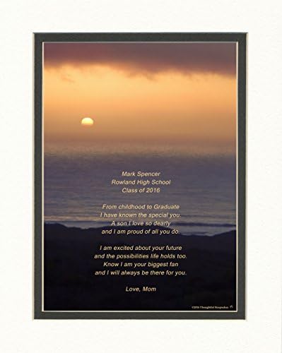 Personalized Son Graduation Gift with "From Childhood to Graduate" Poem, Ocean Sunset Photo, 8x10 Double Matted. Special Keepsake Graduation Gifts for Son 2017
