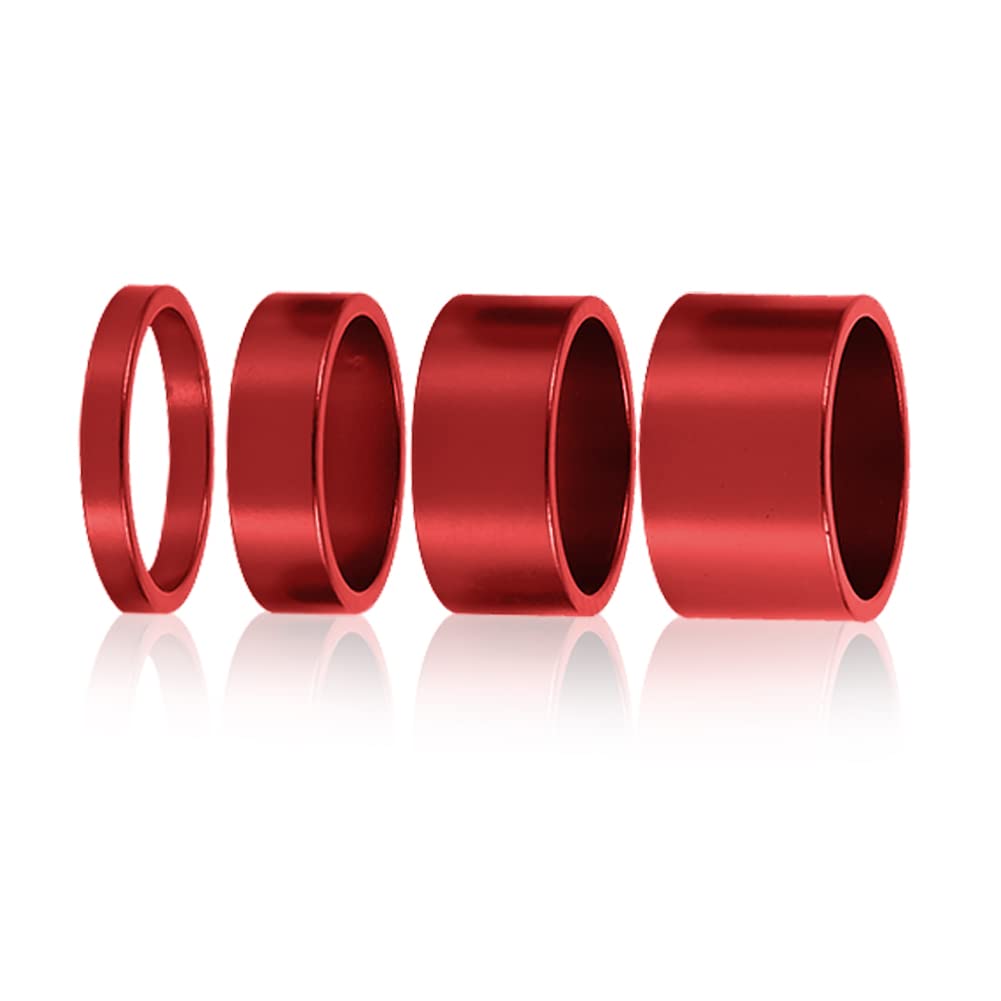 Dioche 4pcs Bike Headset Spacer, Aluminum Alloy Bike Stem Headset Spacer Set, 5mm/10mm/15mm/20mm Headset Spacer Bike Front Stem Fork Washer (Red)