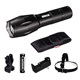 Beike S116A Ultra Bright LED Tactical Flashlights, Zoomable Adjustable Focus 5 Modes Water Resistant Handheld Light with Rechargeable Battery, Charger, Headlamp, Rotatable Bike Mount and Holster