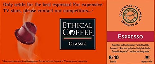 Nespresso® Compatible Coffee Capsules by ETHICAL COFFEE- ESPRESSO - 1 Pack of 10 Capsules - 8/10 Intensity