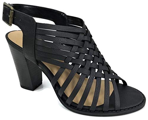 City Classified Open Toe Perforated Lace up Elastic Side Stacked Chunky Heel Sandal, Black, 6