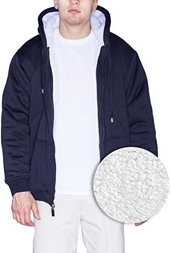 Oscar Mens Fleece Jacket Heavy Whit Fur Sherpa Line Full Zip Hoodie (Large, Navy)