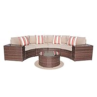 SUNSITT Outdoor 7-Piece Half-Moon Sectional All Weather Woven Sectional Set w/Round Coffee Table, Patio Curved Sofa Set w/Beige Olefin Fabric Cushions & Brown Wicker