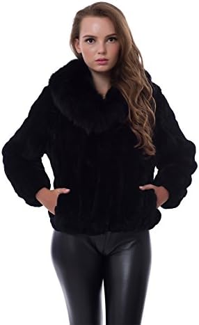 OBURLA Genuine Rex Rabbit Fur Black Ladies Coat, Real Fur Jacket With Fox Collar (Medium)
