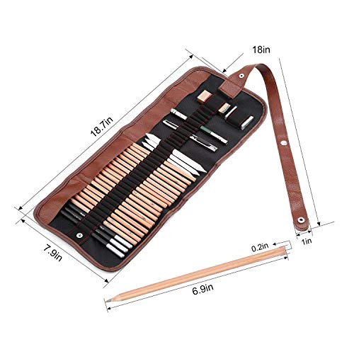 Soosee 29 Pieces Professional Sketching & Drawing Art Tool Kit with Graphite Pencils, Charcoal Pencils, Paper Erasable Pen, Craft Knife-Lightwish (Without Sketchbook, Canvas Rolling Pouch)