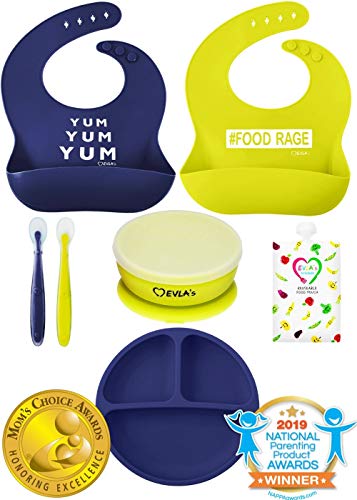 Baby Feeding Set | Silicone Bib Plates Bowls Spoons | Divided Plate Suction Bowl & Soft Spoon Aids Self Feeding | Adjustable Bib Easily Wipe Clean | Spend Less Time Cleaning Up After Toddler/Babies