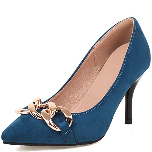 Smilice Elegant Women Heels with Pointed Toe and Chian Decorated, Blue, 10