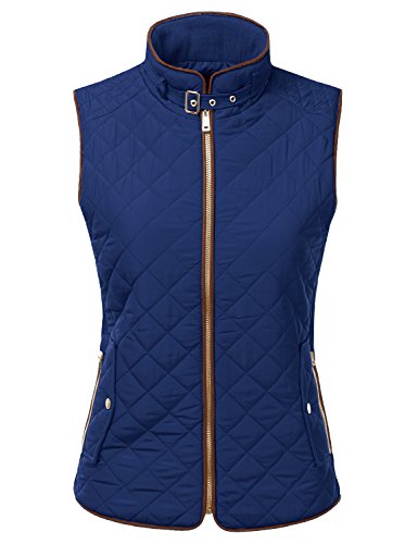 Doublju Quilted Padding Zip-Up Vest With Pockets (Plus size available) NAVY MEDIUM
