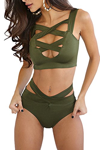 Prograce Women's Sexy Criss Cross High Waist Bandage 2PCS Bikini Set Swimsuit