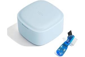 MAOBULI Deep Denture Case with Vent Holes, Tall Denture Bath Cup with Brush, Night Guard Soaking Box, Large Cleaning Container for Retainers and Aligners (Pastel Blue)