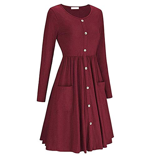 Witspace Women's Long Sleeve Round Neck Button Down Swing Midi Dress Pockets Dress