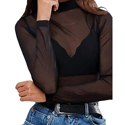 Women's Sexy See-Through Mesh Sheer Crop Tops, Lady Long Sleeve Stretchy Tee Shirts Nightclub Party Dance Blouse (Black, Large)