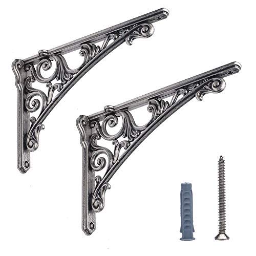 HARPOON 8 Inch Shelf Brackets 2 Pack Heavy Duty Wall Bracket Baroque Kitchen Decorative Rack Shelves Silver Old — image 1