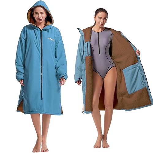 Hiturbo Wasserdichter Wickelmantel Winddicht Warm Robe Oversized Mantel Surf Poncho mit Fleece Futter Blau