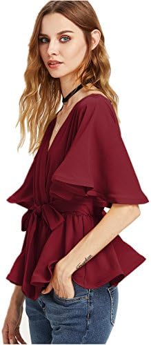 OEUVRE Women V Neck Cross Wrap Front Waist Tie Blouse Shirt Top Red Large Size