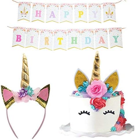 Unicorn Party Supplies Set - Unicorn Cake Topper with Eyelashes and Flowers, Unicorn Headband, and Unicorn Birthday Banner | Unicorn Birthday Party Supplies for Girls, Baby Shower, Decorations