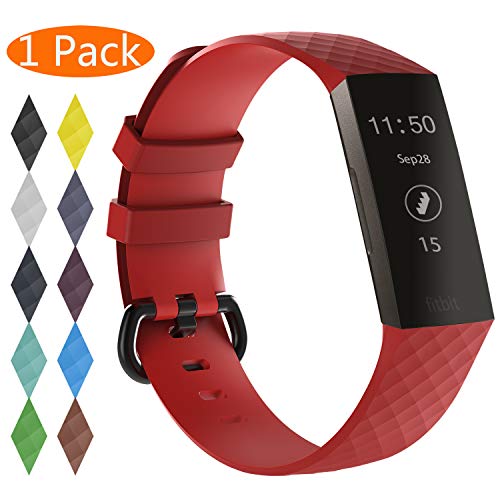 KingAcc Compatible Fitbit Charge 3 Bands, Soft Silicone Replacement Band for Fitbit Charge 3, Charge 3 SE, with Metal Buckle Wristband Strap Women Men (1-Pack, Red, Small)