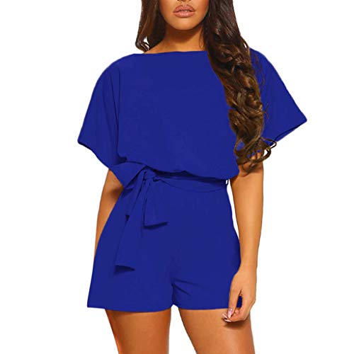 Sunyastor Womens Short Sleeve One Piece Jumpsuit Cocktail Romper Pant Suit Clubwear Straight Leg Jumpsuit with Belt (B Blue, Large)