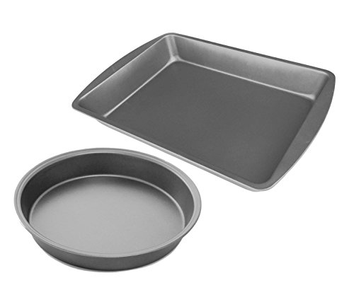 Click Here to See More Images Norske Line Classic All-Purpose Non-Stick Carbon Steel 2-piece Baking Pan Set, 9-inch Round Premium Cake Pan and 9-inch x 13-inch Rectangular Baking Sheet for Brownies, Bars, Pizzas, Lasagna, and More