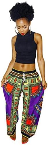 Qisc Women Pants Women's Summer Casual Bohemia Traditional African Print Wide Leg Palazzo Pants (M, Purple)