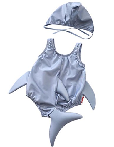 Kids Baby Boys Girls 3D Cartoon Shark One-Piece Swimsuit Bodysuit Bathing Suit with Cap Size 1-2 Years/TagXL (Gray)