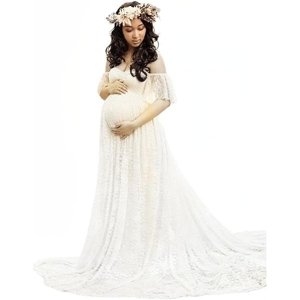 Summer Lace Maternity Dress for Photoshoot Clothes Props Off Shoulder  Flying Sleeve Plus Size Robes Gowns Pregnancy Dresses