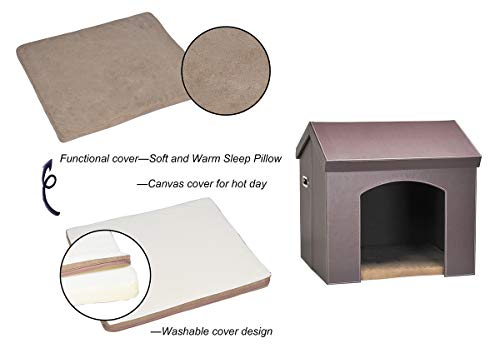 PAWLAND Collapsible Leather Pet Haven Indoor Cat Dog House for Small Dogs,Cats, Folding Dog House with Toys Storage and Bed,Roof Opens, Brown
