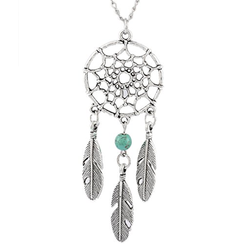 MJartoria Women's Dangling Feather Turquoise Charms Filigree Tribal Dreamcatcher Pendant Chain Necklace - Thumbnail 4