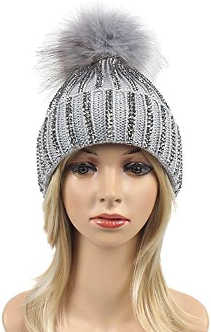 Women Rhinestone Beanie Skull Hats Warm Knitting Hat Real Raccoon Fur Pompom Bobble Caps