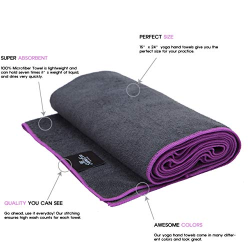 The Perfect Yoga Hand Towel 2SET - Super Soft, Sweat Absorbent, Multicolored Wicking, Non-Slip Bikram Hot Yoga Rug for Pilates Lovers (Hand Towel - Dark Gray | Purple Edge - 2pcs)
