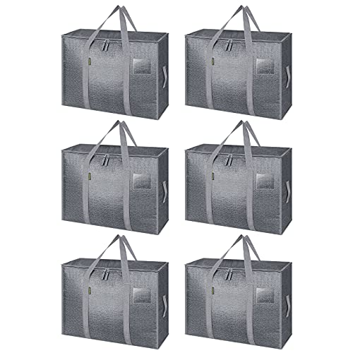 BALEINE 13 Gallon Moving Totes with Reinforced Handles, Heavy-Duty UnderBed Storage Bag for Moving Boxes, Clothes, Travel (6 Pack, Grey)