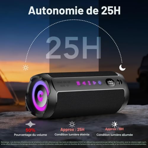 Enceinte Bluetooth Puissante 5.4 sans Fil avec Bass Puissantes, Haut-Parleur Portable 25W, LED Écran, Autonomie 25H,Son Surround à 360 degrés,Appairage TWS,AUX,TF Carte,pour l'extérieur/La Fête/Voyage