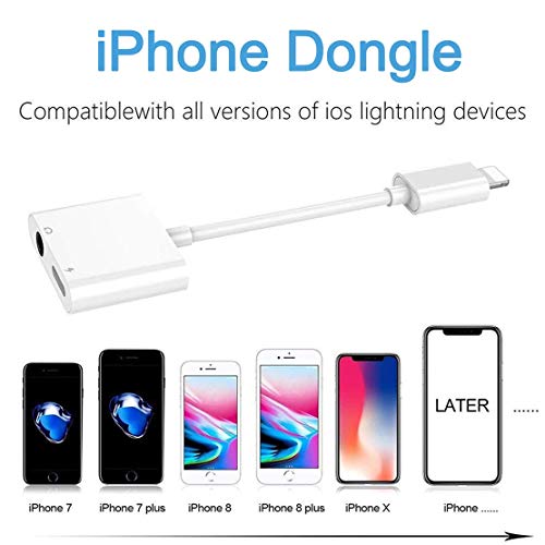 Headphone Jack Adapter Dongle for iPhone 8/X/XS MAX/XR/8Plus/7/7 Plus Plus Adapter to 3.5mm Jack Converter Car Charge Accessories Cable & Audio Connector 2 in 1 Earphone Splitter Adaptor-white(Newest)