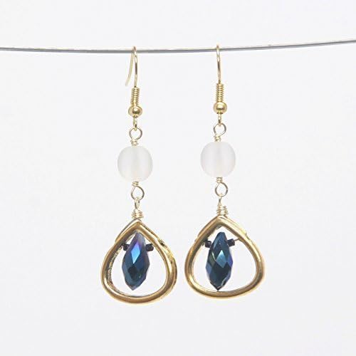 Rain Drop Earring - Matte White Crystal, Blue-Gray 2 Tone Tear Drop Beads, 1.75-in