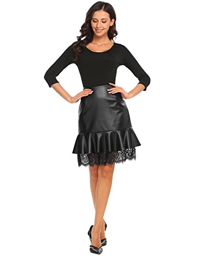 Womens Winter High Waisted Faux Leather Mini Skirts Flare Ruffle