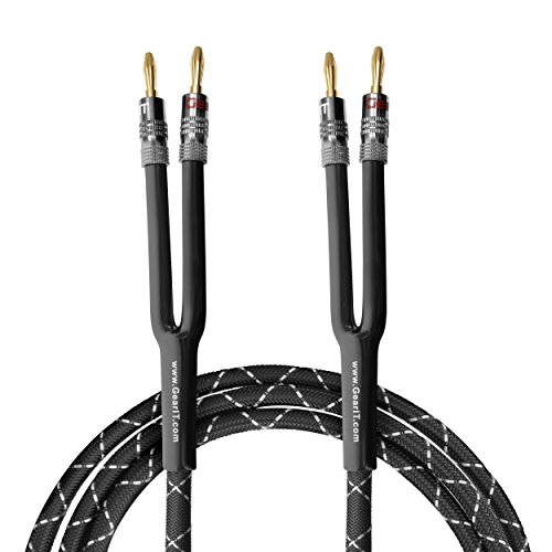 GearIT 14AWG Premium Heavy Duty Braided Speaker Wire (25 Feet) with Dual Gold Plated Banana Plug Tips - Oxygen-free Copper (OFC) Construction, Black