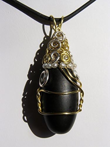 Black Shiva Lingham, natural stone, wire wrapped pendant, small pearls