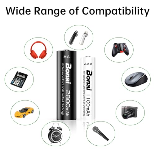 BONAI 24 Pieces AA/AAA Rechargeable Batteries, High Capacity Battery 2800/1100 mAh 1.2 V 1200 Cycles AA Rechargeable NI-MH, AAA Rechargeable Pre-charged, Low Self-Discharge