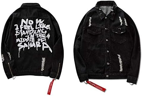 JIAKENVDE Distressed Ripped Denim Jacket Mens Hiphop Printed Denim Jackets Male Fashion Ribbon Jeans Jackets Streetwear Black Blue