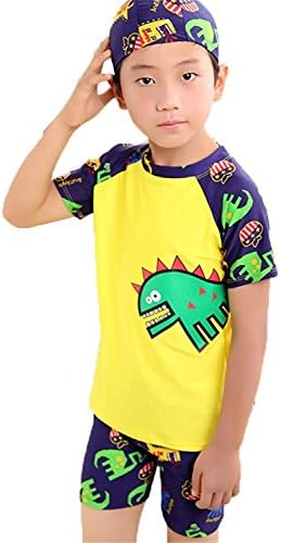 Ivan Johns Little Boys' 3-Pieces Short Sleeve Rash Guard Swimsuit Set with Swim Cap UPF 50+ Yello8-9y