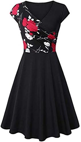 Vintage Sleeveless Dress, Bestoppen Women Cross V- Neck Party Dress Elegant Flared A-Line Dress Evening Party Dress Casual A Line Flower Dresses for Lady