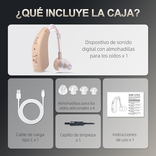 Redução digital de ruído com volume ajustável. Dispositivo de som recarregável para seniores, com design confortável e leve atrás da orelha e porta de carregamento tipo C.