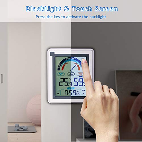 Zeonetak Digital Hygrometer Indoor Thermometer, Indoor Humidity Gauge Indicator for Baby Room Home Office Kitchen Greenhouse with Touch LED Screen Wireless Time Display