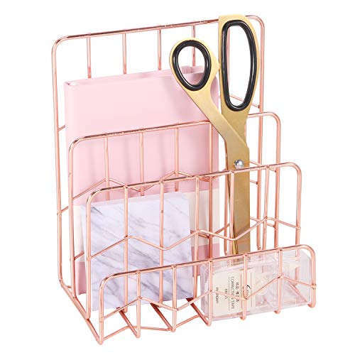 Simmer Stone Mail Sorter, 3 Slot Letter Holder Rack, Decorative Desk Paper Organizer for Postcards, Envelopes, Brochures and Files, Size 5.9" x 3.9" x 7.1", Rose Gold
