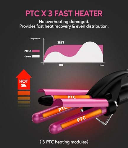 Mini Hair Crimper 3 Temperature Adjustable, 3 Barrel Curling Iron for Short Hair, Hair Waver for Women Beach Waves, 1/2 Inch Travel Size, Dual Voltage, Pouch Bag