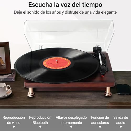 Tocadiscos Totalmente Automático con Transmisión por Correa, Velocidades de 33/45 RPM,Bluetooth Toca Discos de Vinyl, con Altavoces Estéreo Audio Technica 3 Velocidades de Reproducción Vinilos(Negro)